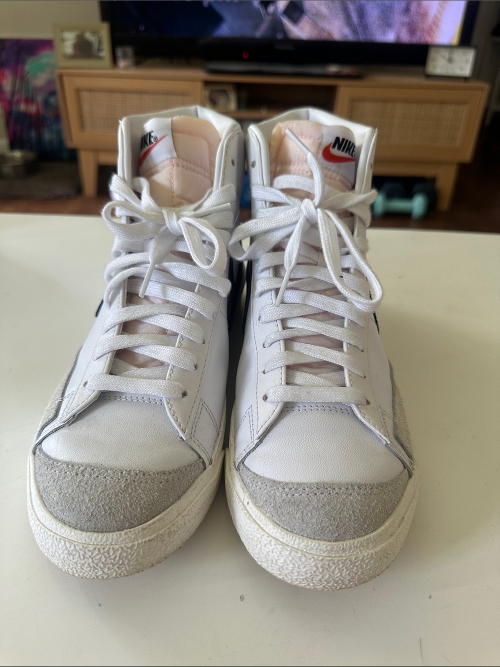 Nike White Blazer High-Top Sneakers with Light Gray Toe and Pink Tongue Accents